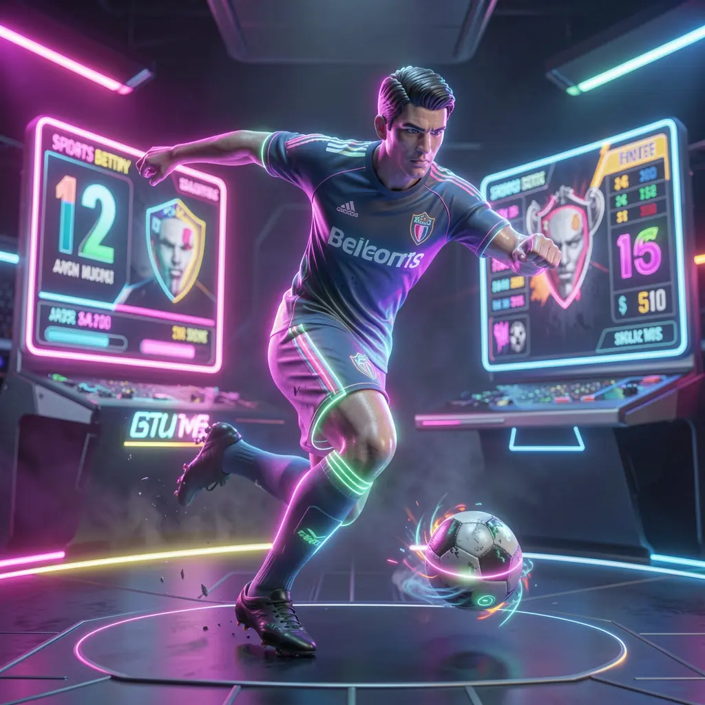 Stylized neon soccer player controlling the ball inside a digital stadium representing immersive sports betting on JOM96 Malaysia