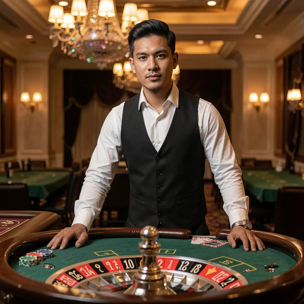 Elegant live casino dealer at a glowing roulette table with luxury chandeliers in the background representing the premium live casino experience at JOM96 for players in Malaysia