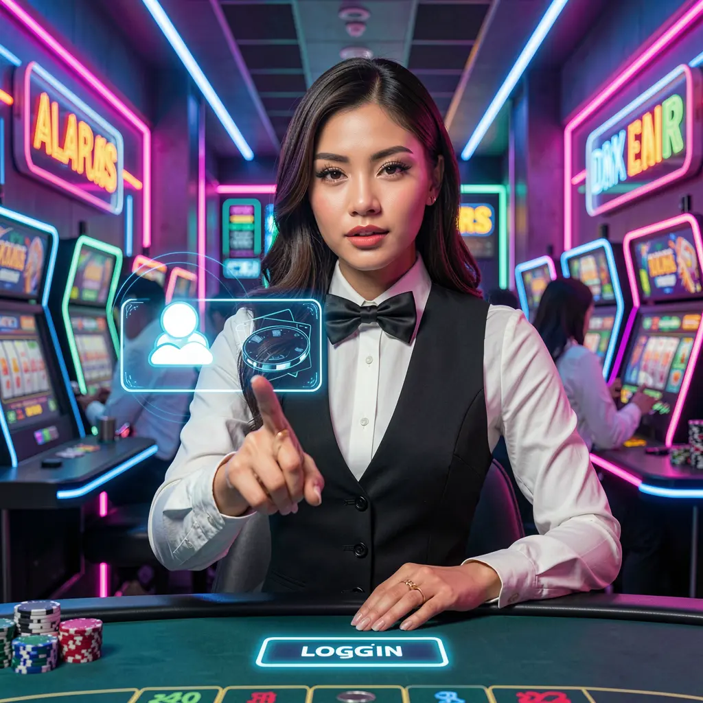 Stylish live casino dealer from Malaysia pointing at a glowing virtual login button in a high tech JOM96 casino interface
